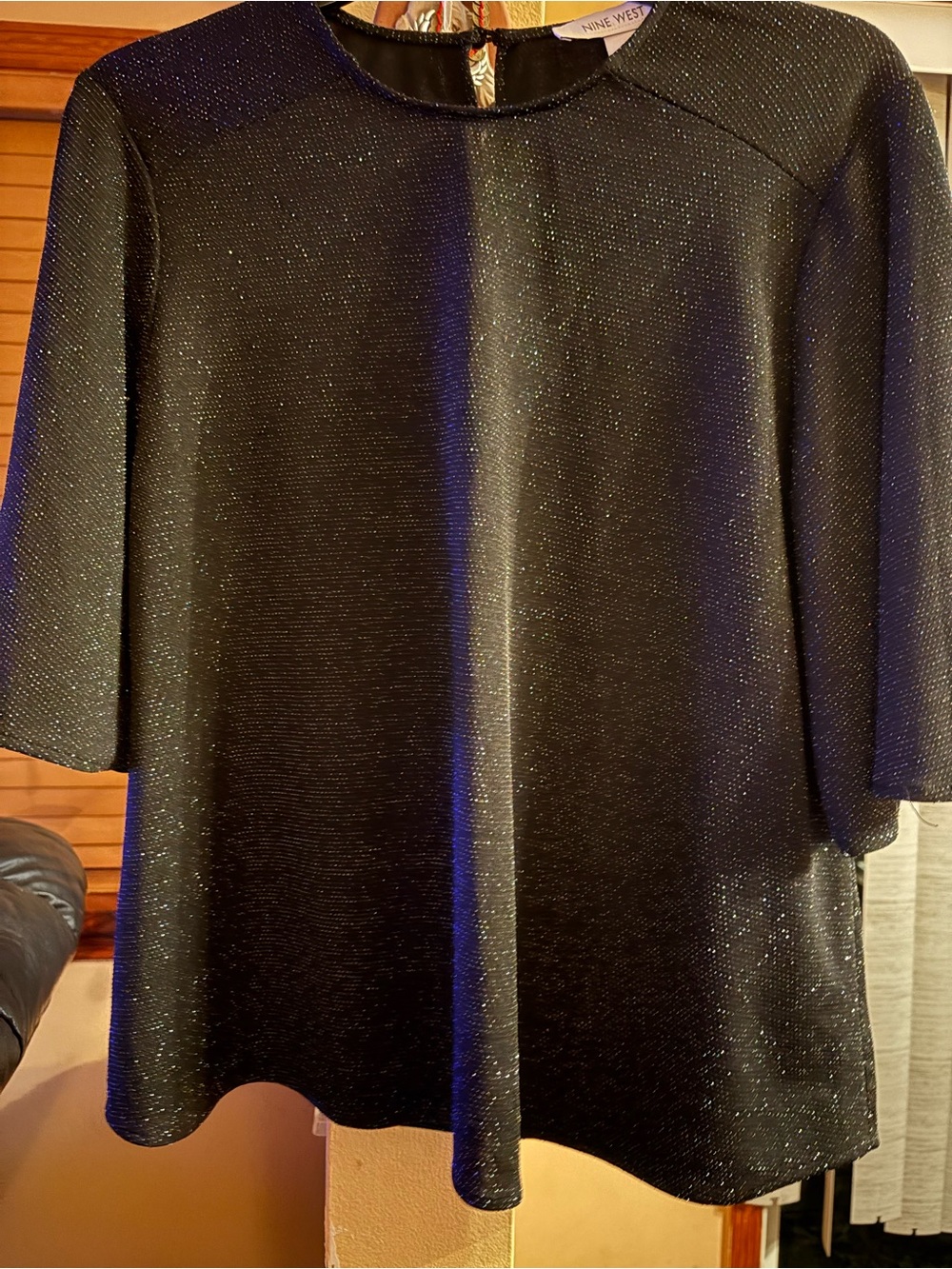 Nine West NWOT Shimmery Black Short-Sleeve Tunic Top/cocktail,Holidays. PTP 21”